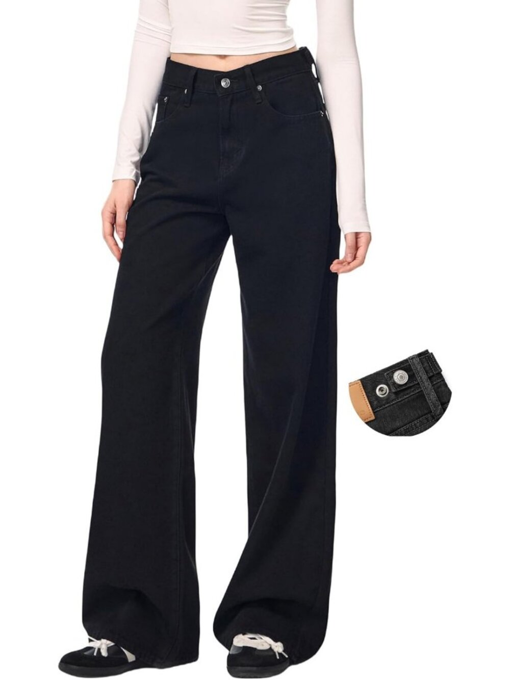 High-Rise Adjustable Waist Baggy Jeans, Snap-Button, Wide Leg Y2K Denim Trousers